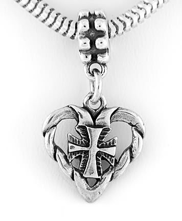 STERLING SILVER DANGLING HEART WITH CROSS EUROPEAN BEAD