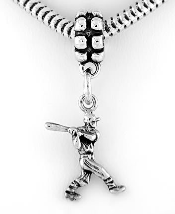 STERLING SILVER DANGLE BASEBALL PLAYER BATTING EUROPEAN BEAD