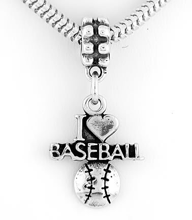 STERLING SILVER DANGLING I LOVE BASEBALL EUROPEAN BEAD