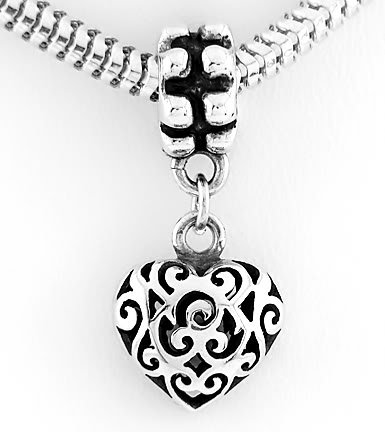 SILVER DANGLING 3D FILIGREE PUFFED HEART EUROPEAN BEAD