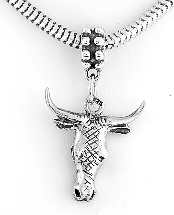 STERLING SILVER DANGLING TEXAS BULL HEAD EUROPEAN BEAD
