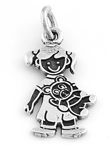 STERLING SILVER "GIRL WITH TEDDY BEAR" SOLID CHARM