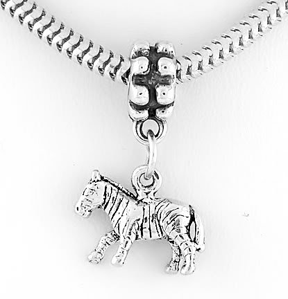STERLING SILVER 3D ZEBRA DANGLING EUROPEAN BEAD