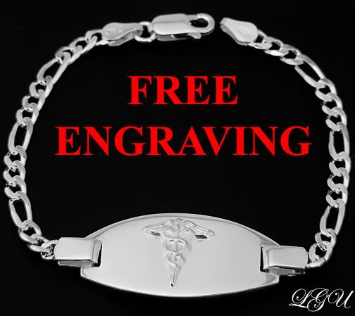 STERLING SILVER MEDICAL ID BRACELET 7.5" FREE ENGRAVING