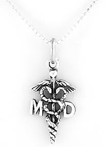 STERLING SILVER MD CADUCEUS CHARM WITH 16" NECKLACE
