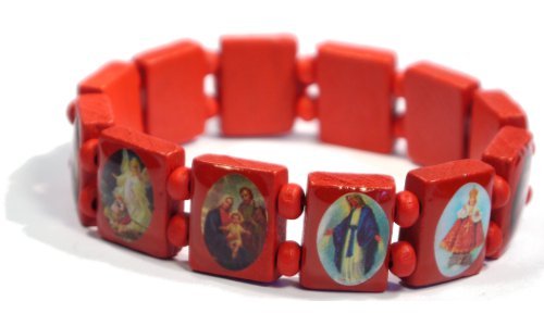 Red Jesus Bracelet/Armband with Saints and Religious Icons wood panels