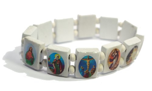 White Jesus Bracelet/Armband with Saints and Religious Icons wood panels