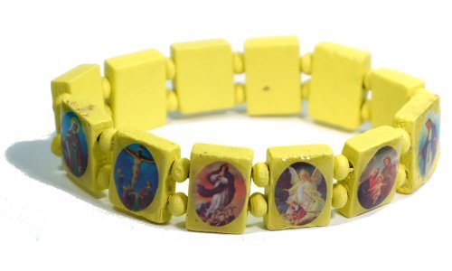 Yellow Jesus Bracelet/Armband with Saints and Religious Icons wood panels