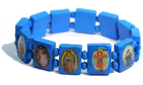 Blue Jesus Bracelet/Armband with Saints and Religious Icons wood panels