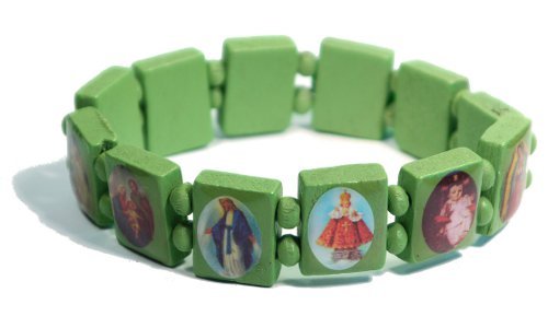 Green Jesus Bracelet/Armband with Saints and Religious Icons wood panels