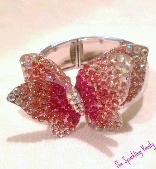 Pink Rhinestone Covered Butterfly Bracelet