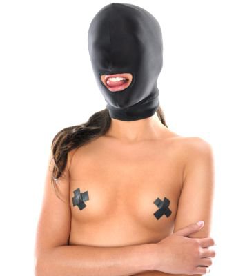 Fetish Spandex Open Mouth Hood Black Mask Bondage NIB