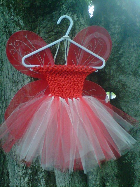 HANDMADE RED/ IVORY TUTU DRESS W/ WINGS