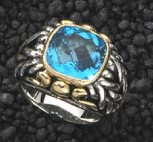Designer Gold & Sterling Ring 6 ct. Blue Topaz 18K New