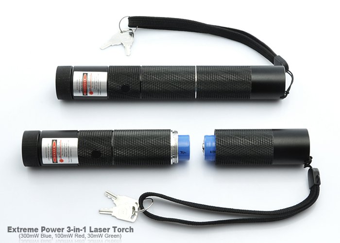 Extreme High Power 3-in-1 Laser Torch (300mW Blue, 100mW Red, 30mW Green)