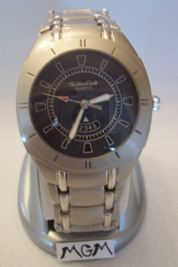 Men watch with blue face