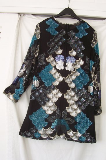 Women's Silk Evening Tunic W/Fans/Floral/Sequins/Bugle Beads
