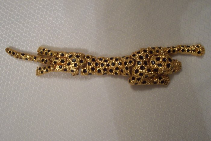 Leopard Pin Goldtone/Black Spots /Green Rhinestone Eyes