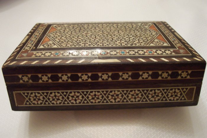 Wood Jewelry Box W/ Ivory, Turqouise, Mother Of Pearl Inlay
