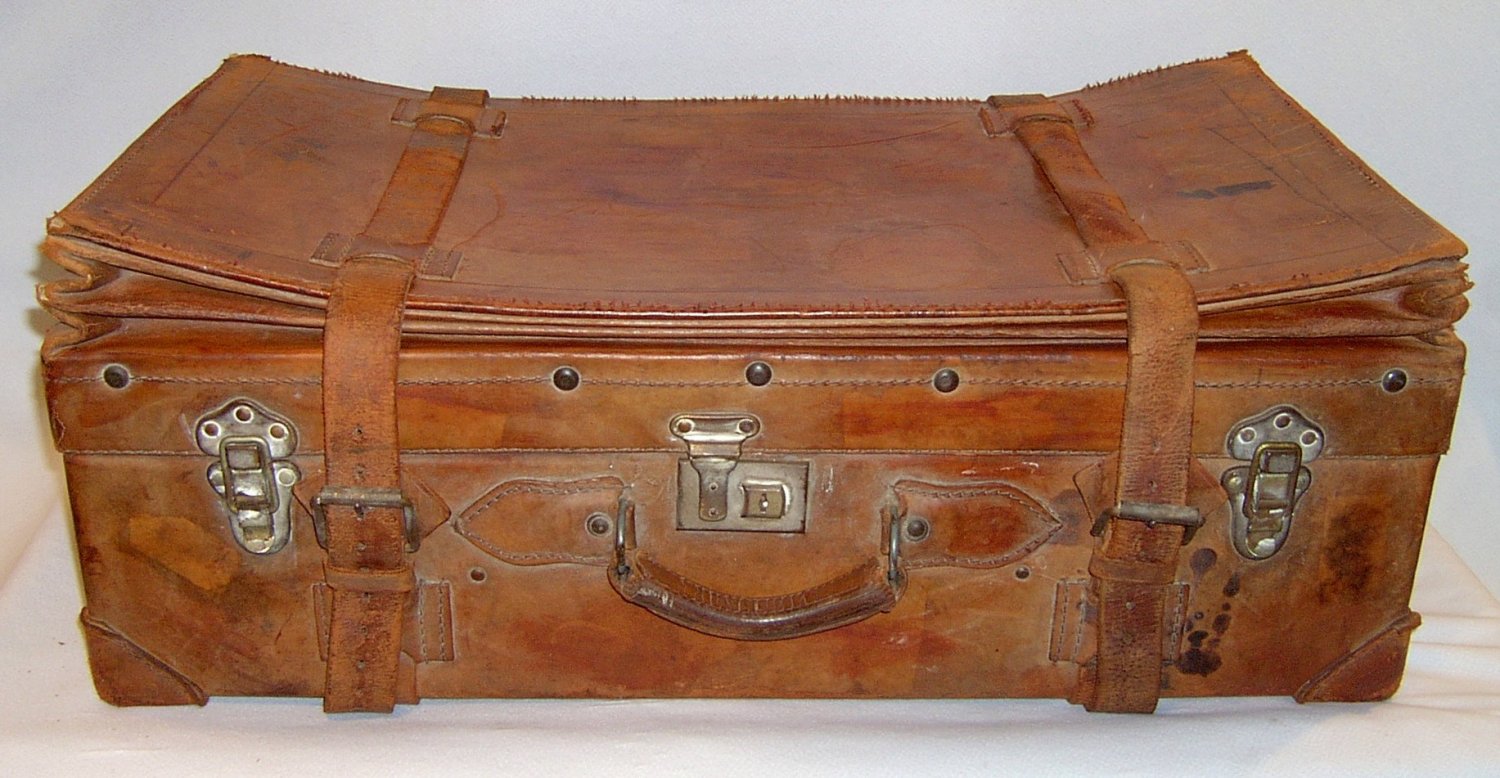Antique leather suitcase Cuban expanding with straps, false bottom and key