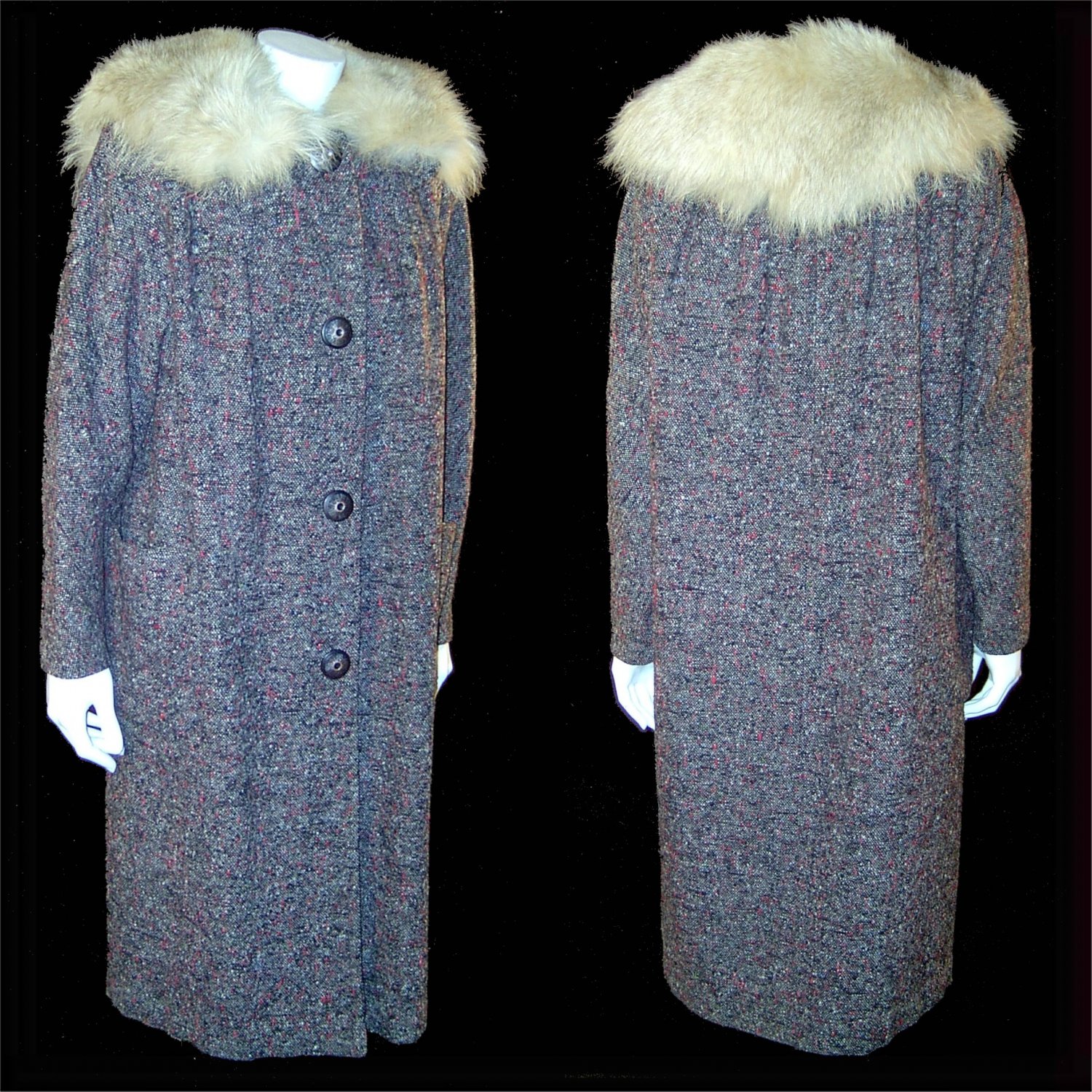 vintage 1950s coat Irish wool tweed with fox fur collar Medium