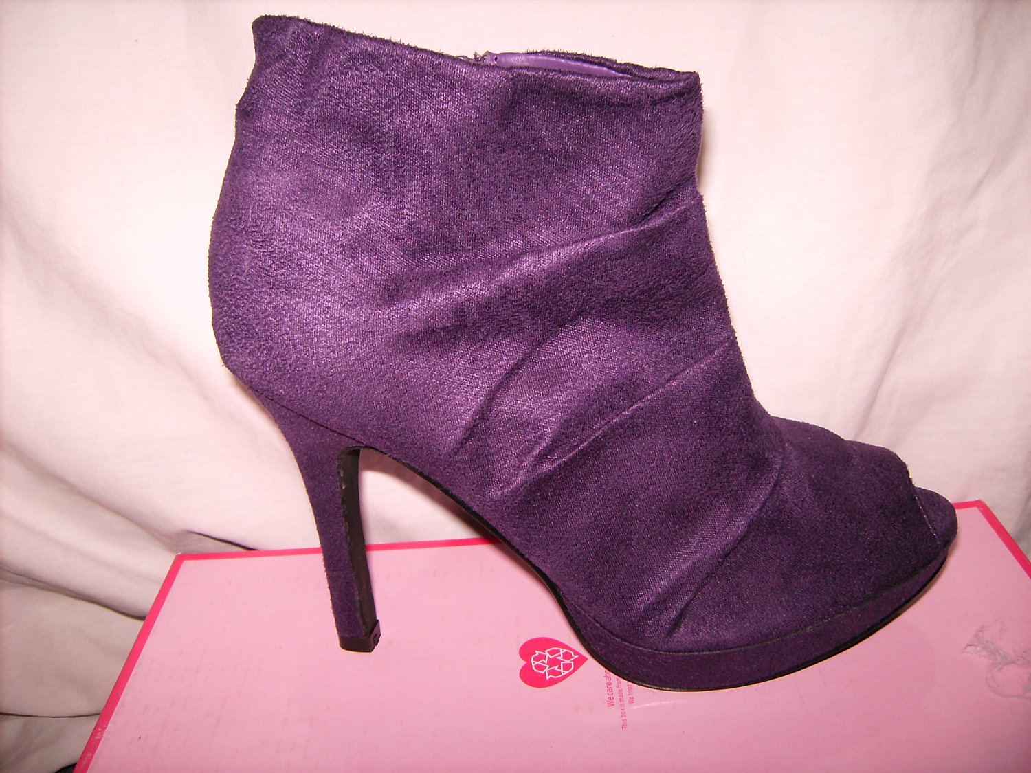 Purple faux suede peep toe ankle boots