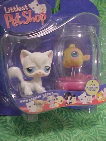 Littlest Pet Shop White KITTY Cat GOLD FISH & Bowl NIP