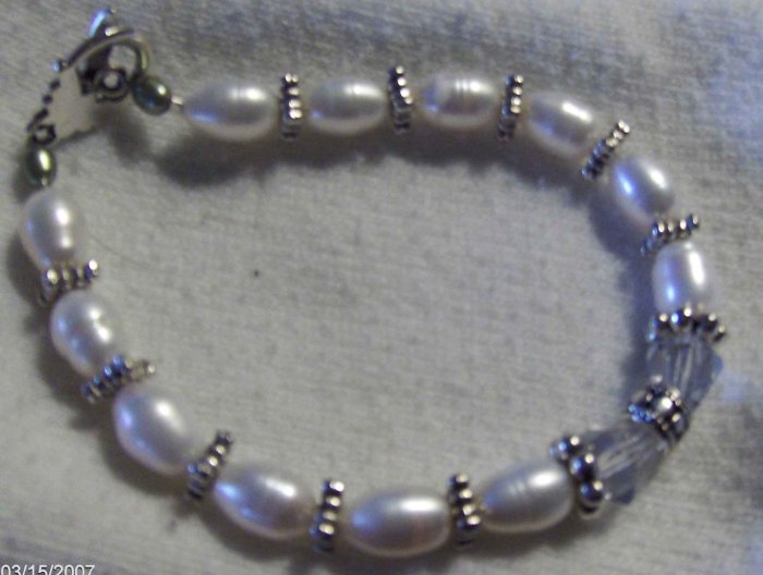 white pearl, crystals and silver bracelet