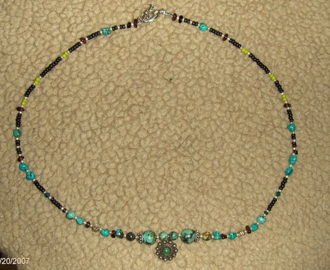 turquiose, semi precious stones, garnets and silver necklace