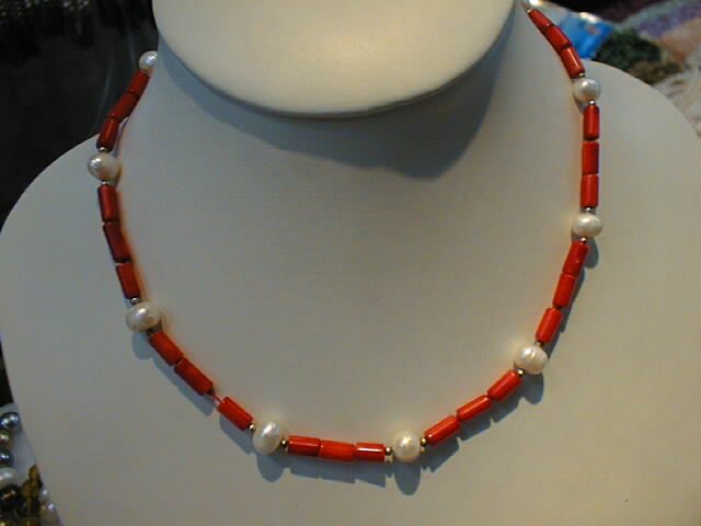 16"" coral tube shape necklace & pearl