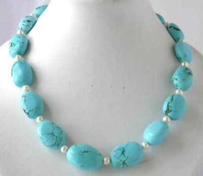 18"" big blue turquoise beads white pearl necklace