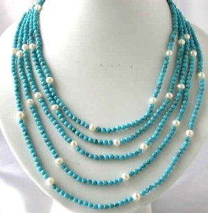 18""-24""5-rows blue turquoise bead pearl & turquoise clasp
