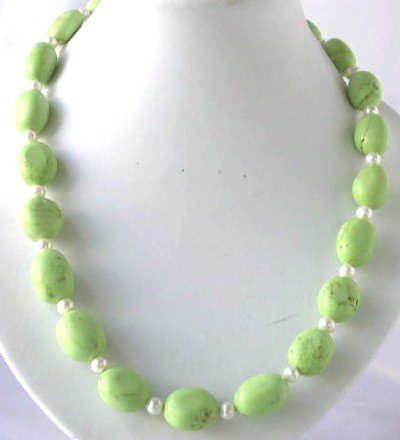 19"" beauty green turquoise beads white pearl necklace