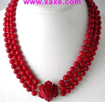 17""-19"" 3-rows 8mm red coral&coral clasp