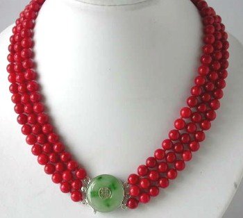 17""-19"" 3-rows 8mm red coral&green jade clasp