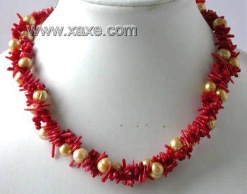 17"" 3-row red branch coral pearl necklace
