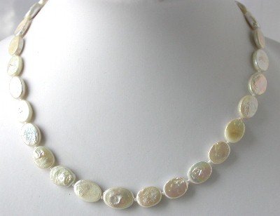 16""AA 10*12mm white oval biwa pearl necklace
