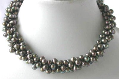 17"" 5*7mm 3-strands black pearl silver clasp necklace