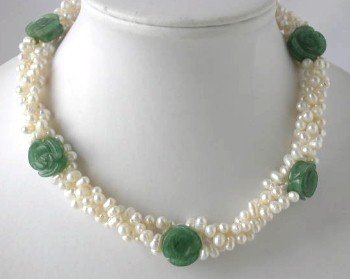 16"" 3-rows white pearl carved jade necklace