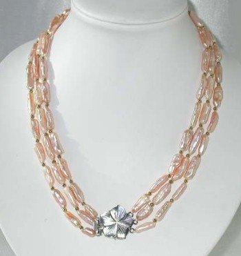 19""-21"" 3-rows 7*18mm pink stick pearl shell clasp