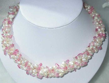 17"" 3-rows white pearl pink crystal necklace