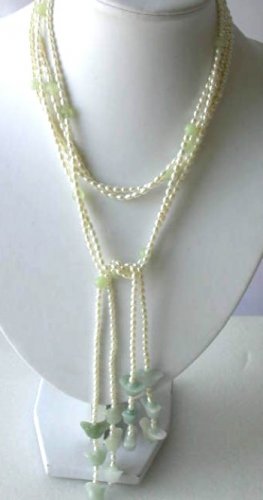 51"" 2-rows 3-4mm white pearl green jade necklace