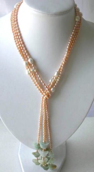 50"" longer 2-rows pink FW pearl green jade necklace