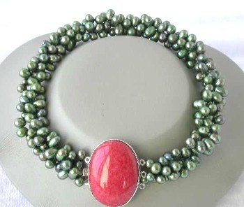 17"" 3-rows green pearl bloodstone clasp necklace