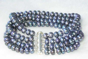 Grade AA 7.5"" 4-rows 6-7mm peacock pearl &silver clasp bracelet