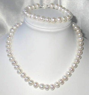 17""/8"" 10-11mm white FW pearl silver rose clasp necklace