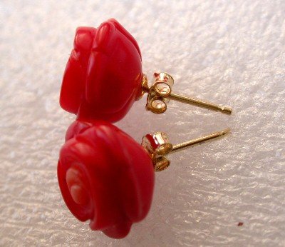 14K Natural 12mm red rose coral earring