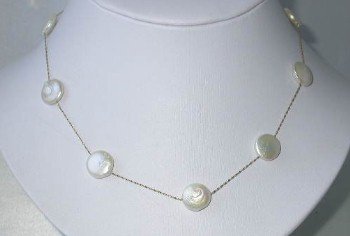 New 14K gold 16"" 12mm white round coin pearl necklace