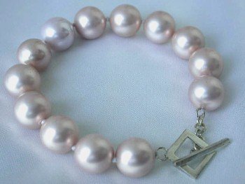 7.5"" 12mm pink sea shell pearl silver clasp bracelet