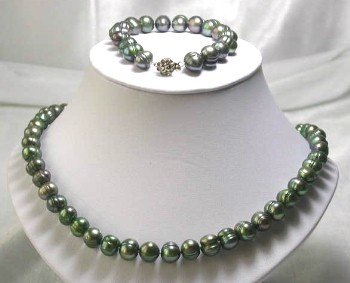 17""/7.5"" 9-10mm green pearl necklace set